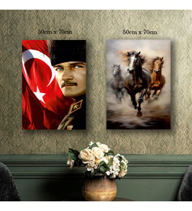 ayyıldız bayrak 3lü koşan at tablo resim kanvas 2 adet 50x70