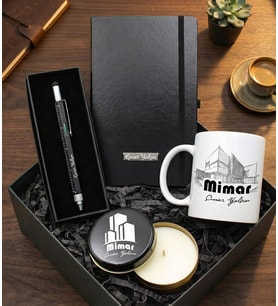 Kişiye Özel Mimar Kupa & Siyah Mimar Kalemi & Siyah Defter & Metal Mimar Mum Hediye Seti