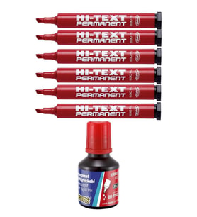 Kırmızı Kesik Uçlu Markör Permanent Kalem 6 Adet Hı-Text Marker Mürekkep Kırmızı 30 Ml 1 Adet Brons Koli Kalemi