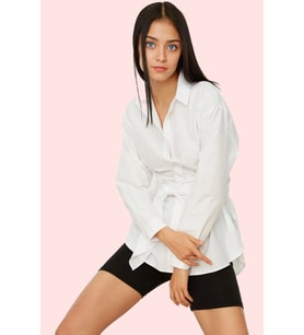 Kadın Basic Gömlek Kemer Detaylı Terrycotton Kumaş Günlük Kullanım Yaz Aylarının Vazgeçilmezi (Beyaz)