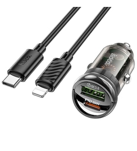 HOCO Z53A Vision PD30W Type-C + USB QC3.0 Girişli Araç Çakmaklık Hızlı Şarj Aleti + Type-C to iPhone (Siyah)