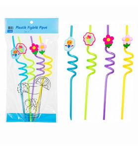 Kıvrımlı Renkli Plastik Pipet - Figürlü Tasarım - 4'lü Paket