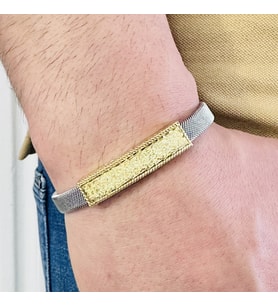 Gümüş Erkek Bileklik 14 Ayar Beyaz Altın Kaplama Işıltılı Desenli İsim Yazılabilir Şık Hediye (Gold)