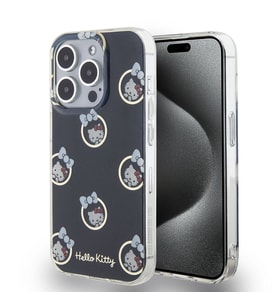 Apple iPhone 15 Pro Uyumlu Kılıf Hello Kitty Orjinal Lisanslı Elektroplating Kaplama Kabarcık Baskılı Kapak (Siyah)