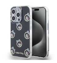 Apple iPhone 15 Pro Uyumlu Kılıf Hello Kitty Orjinal Lisanslı Elektroplating Kaplama Kabarcık Baskılı Kapak (Siyah)