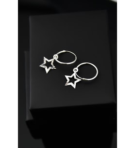 Papatya Silver 925 Ayar Gümüş Kalemli İçi Boş Yıldız Halka Küpe (Gümüş)