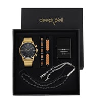 DEEPWELL Gold Renk Erkek Kol Saati Kişiye Özel Çakmak Tespih Ve Bileklik Seti RN09