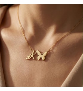 Kişiye Özel 925 Ayar Gümüş Kelebek Detaylı Şık Harf Kolye (Gold)