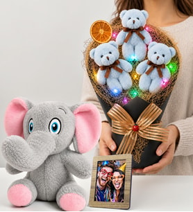 Premium Kişiye Özel Fotoğraflı Renkli Led Işıklı Büyük Boy Ayıcık Buketi ve Sevimli Peluş Fil Hediye Seti