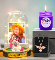 Premium Hediye Seti Size Özel Led Işıklı Fanus, Kokulu Mum ve Ametist Taşlı Anka Kuşu Kolye (Model 9)