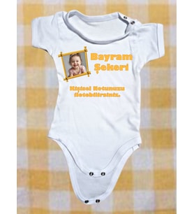 NSR Tasarım Kişiye Özel Resimli Bayram Şekeri Yazılı Baskılı Hediye Bebek Body Zıbın (Pamuk Beyaz)