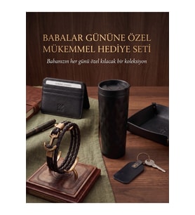 Aten Hakiki Deri El İşçiliği Kartlık Bileklik, Anahtarlık ve Termos Kupa Seti Babalar Günü Hediyesi