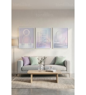 Pastel Minimalist Soyut Geometrik 3’lü Ahşap Çerçeveli Tablo Seti
