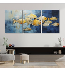 3'lü Kanvas Duvar Tablosu Modern Sarı Balık Sürüsü Tasarımı