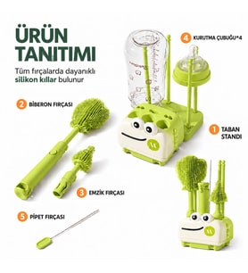 Valkyrie 8 Parça Silikon Biberon Temizleme Fırça Seti Kurutma Standlı Emzik Pipet Şişe Beyaz