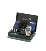 Polo Air Mercek Takvimli Erkek Kol Saati Otomatik Cüzdan Kemer Parfüm Seti Gold Gümüş Lacivert Renk PL-7079E7 (Altın - Lacivert)