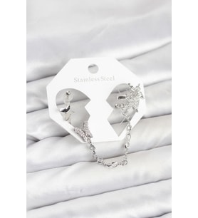 Pirinç Gümüş Renk Model Zincir Bağlantılı Ear Cuff Küpe Seti TJ-BKP11535