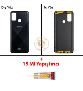 Infinix Hot 9 Play Siyah Uyumlu Arka Kapak + B7000 Yapıştırıcı Arka Cam Batarya Pil Kapağı