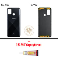 Infinix Hot 9 Play Siyah Uyumlu Arka Kapak + B7000 Yapıştırıcı Arka Cam Batarya Pil Kapağı
