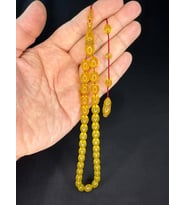 MUHAMMAED TACİR USTA YAPIMI SIKMA KEHRİBAR TESBİH BEYZİ KESİM SARI RENK 11MMX8MM T-799 (Çok Renkli)