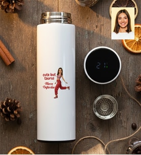 Kişiye Özel Karikatürlü Cute But Taurus Boğa Burcu Filtreli Dijital Göstergeli Termos Doğum Günü Hediyesi