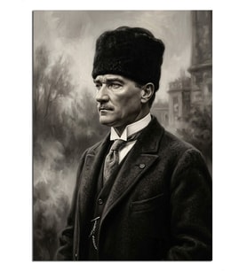 Kalpaklı Atatürk Siyah Beyaz Portre Dekoratif Kanvas - Mdf Ahşap Tablo