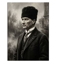 Kalpaklı Atatürk Siyah Beyaz Portre Dekoratif Kanvas - Mdf Ahşap Tablo