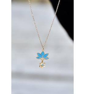 925 Ayar Gümüş Gold Kaplama Parlayan Rüya Serisi Tasarım Ebruli Cam Boyalı Lotus Kolye