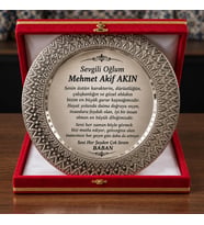 Kadife Kutulu Gümüş Metal Tabak Plaket Kişiye Özel Baskılı Ödül Hediye Plaketi