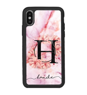 iPhone Xs Max Uyumlu Pudra Mermer Çiçekli Harf Tasarımlı Glossy Telefon Kılıfı