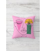 Line Art Çift Tarafı Baskılı Gizli Fermuarlı Yıkanabilir Leke Tutmaz Dekoratif Kırlent Kılıfı (Pembe-Turuncu)