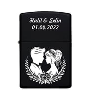 Gelin & Damat Desenli Kişiye Özel İsimli Benzinli Siyah Metal Çakmak
