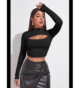 Fantezia Night Kadın Kırmızı Göğüs Dekolteli Uzun Kollu Cut Out Crop Top Bluz