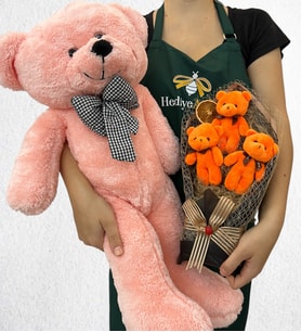 Özel Tasarım 3'lü Peluş Ayıcık Buketi ve Büyük Boy Pembe Peluş Ayıcık (Model 3)