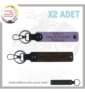 Motorcu Dostlara İsim Plaka ve B Rh (-) Kan Grubu Güvenli Sürüş x2 Anahtarlık Set, Mor-K Kahve-Syh (Çok Renkli)