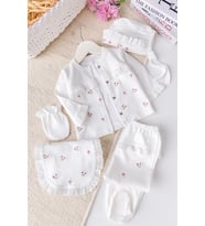 Çiçekli Natural %100 Pamuk 5'li Kız Bebek Hastane Çıkışı Bebek Takımı Set (Krem)