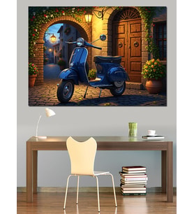 Mavi Scooter Ve Evin Bahçesi Dekoratif Kanvas - Mdf Ahşap Tablo