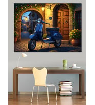 Mavi Scooter Ve Evin Bahçesi Dekoratif Kanvas - Mdf Ahşap Tablo