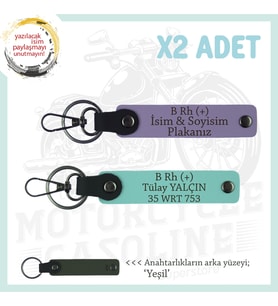 Motosiklet Aşıklarına, İsim Plaka ve B Rh (+) Kan Grubu, Acil Durum x2 Anahtarlık, Mor-Turkuaz-Ysl (Çok Renkli)