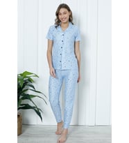 Mirano 2055 Likralı Düğmeli Kısa Kolu Kadın Yıldızlı  Pijama Takımı (Mavi)