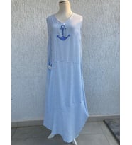 DOLCEBELLA BUYUKBEDEN PAMUKLU CİZGİLİ YAZLİK ELBİSE (Beyaz-Mavi)
