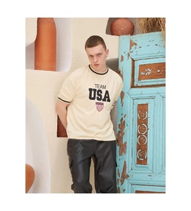 Erkek Bisiklet Yaka Tişört Nakış İşlemeli Kısa Kol Oversize T-Shirt - Bej