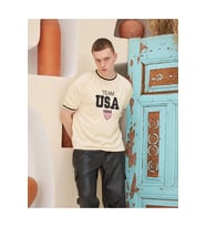 Erkek Bisiklet Yaka Tişört Nakış İşlemeli Kısa Kol Oversize T-Shirt - Bej