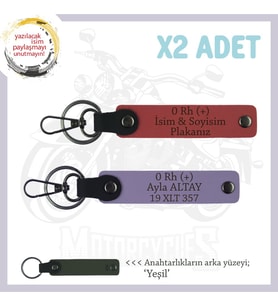 Motosiklet Maceracılarına, İsim Plaka ve 0 Rh (+) Kan Grubu, x2 Set Anahtarlık, Nar Çiçeği-Mor-Ysl (Çok Renkli)