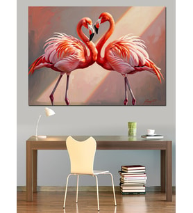 Birbirine Sarılan Pembe Flamingo Çifti Dekoratif Kanvas - Mdf Ahşap Tablo