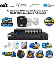 ExitCam 10 Kameralı 5MP IP PoE Güvenlik Kamera Seti – 500GB HDD Takılı, Gece Renkli, 200 Metre Kablolu