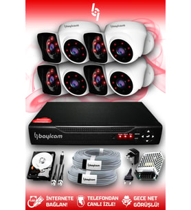 BAYICAM 8 Kameralı Kare 4 İç Kamera Set 500 GB HDD Full HD Gece Görüşlü Güvenlik Kamerası Sistemi