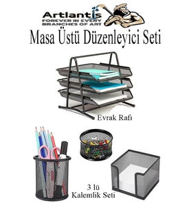 Masa Üstü Siyah Fileli Kalemlik ve 3 Katlı Evrak Rafı 4 Parça 1 Paket 4 lü Masa Üstü Düzenleyici Kalemlik Küp Notluk Ataşlık