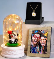 Kişiye Özel Ahşap Fotoğraf Çerçeveli Pandalı Çiftli LED Işıklı Fanus ve Tasarım Kolye Hediye Seti