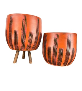 Bitki Tasarımı  Siyah Çizgi Desenli Toprak Saksı Saksılık Salon Çiçeklik İkili Set Ayaksız - 3 Ayaklı- 19 CM